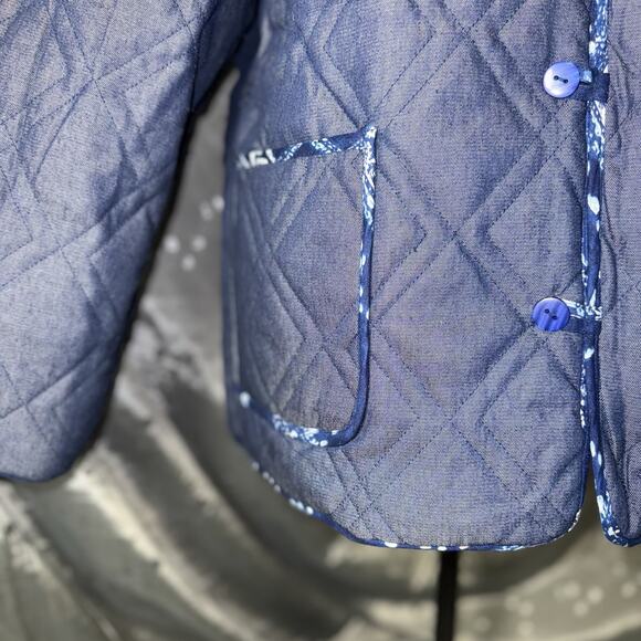 NWT Frnch Small Reversible Quilt Blue Jacket Patchwork Button Pocket Chore Coat - Picture 9 of 12
